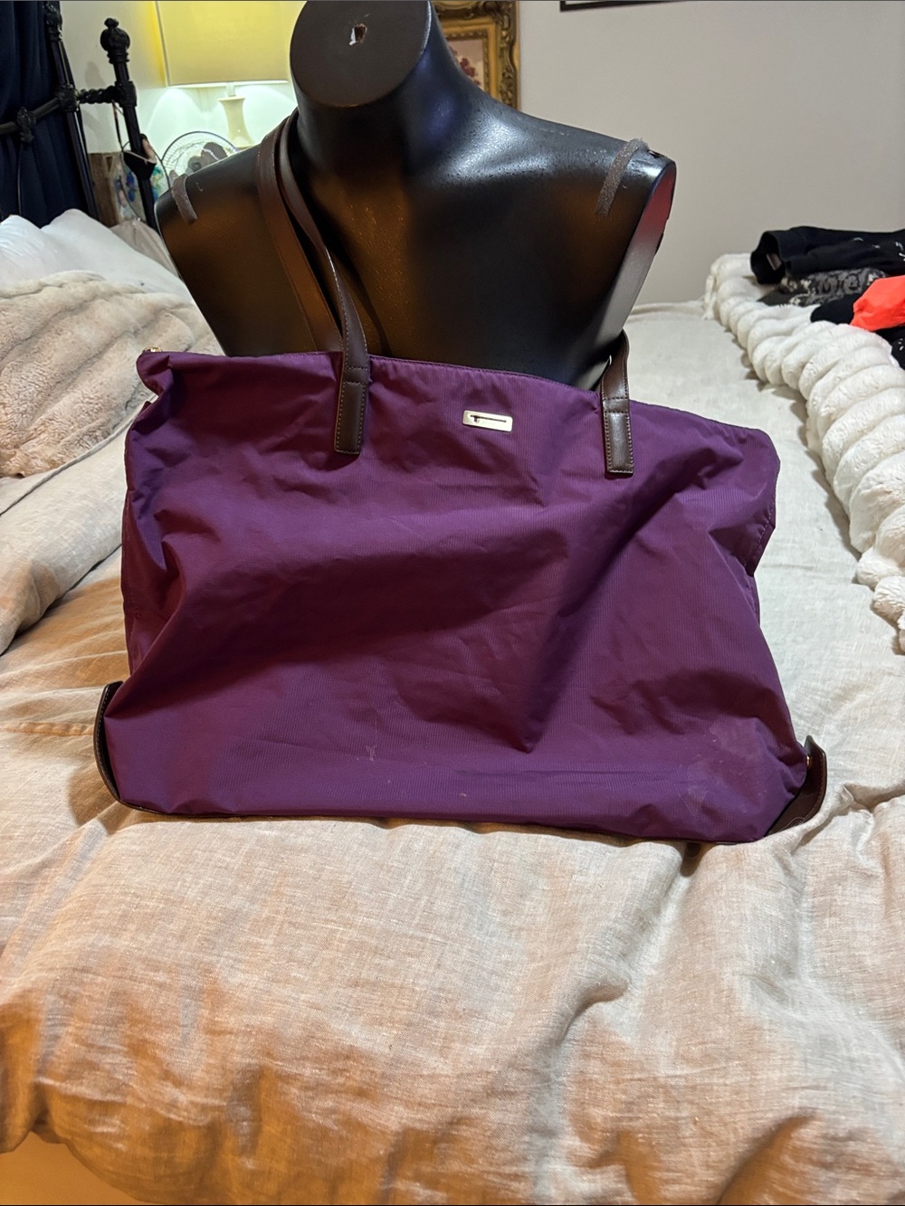 Tumi Purple Tote with Dark Brown Leather Straps